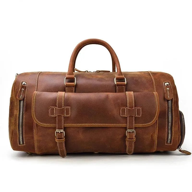 Mens Leather Shoulder Duffel Bag, Shoe Compartment, Removable Strap