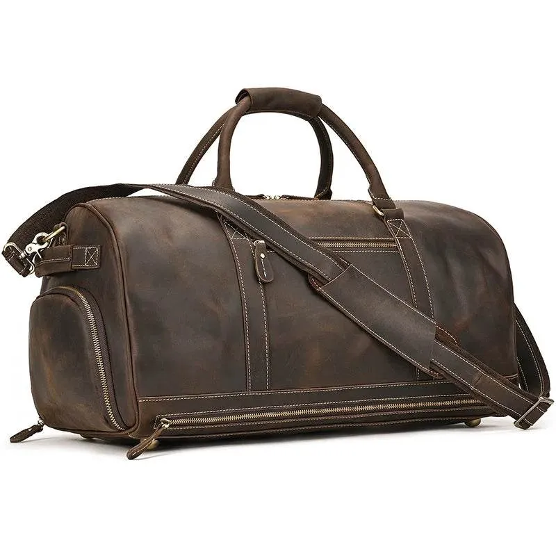Mens Leather Shoulder Duffel Bag, Shoe Compartment, Removable Strap