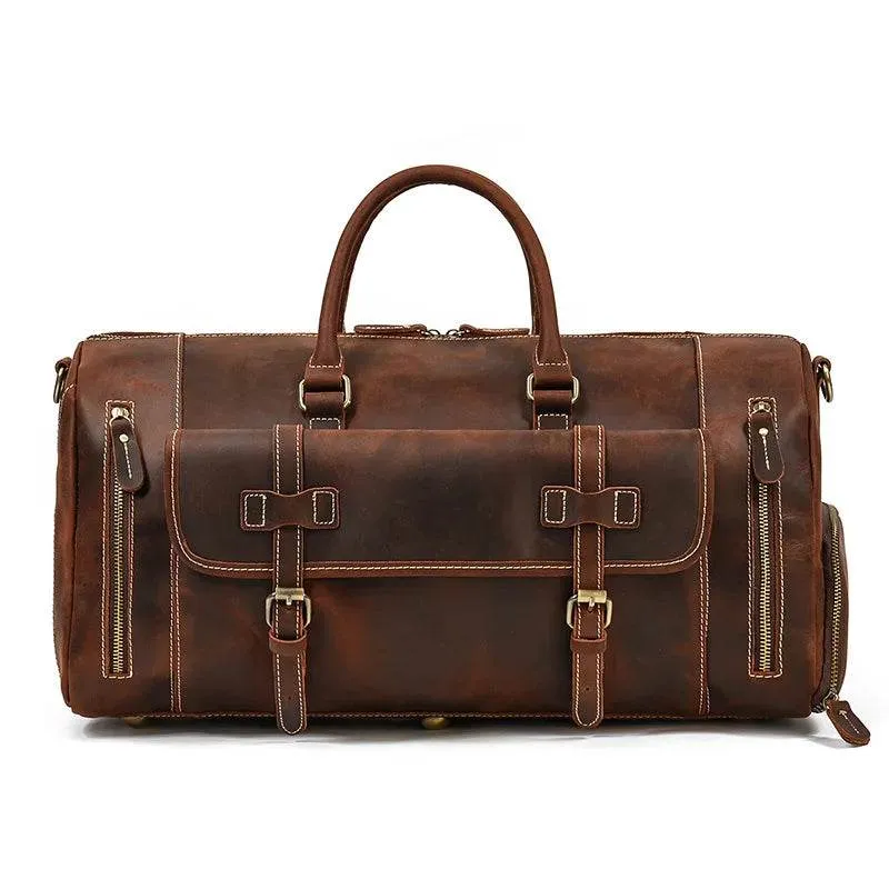 Mens Leather Shoulder Duffel Bag, Shoe Compartment, Removable Strap