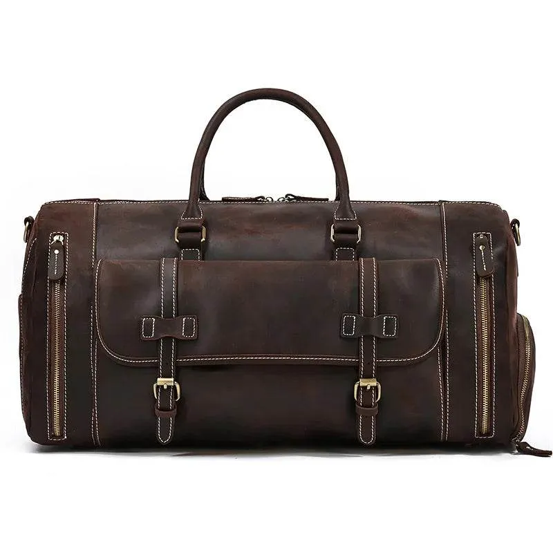 Mens Leather Shoulder Duffel Bag, Shoe Compartment, Removable Strap