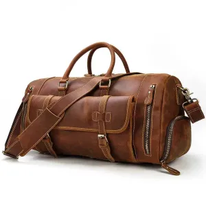 Mens Leather Shoulder Duffel Bag, Shoe Compartment, Removable Strap