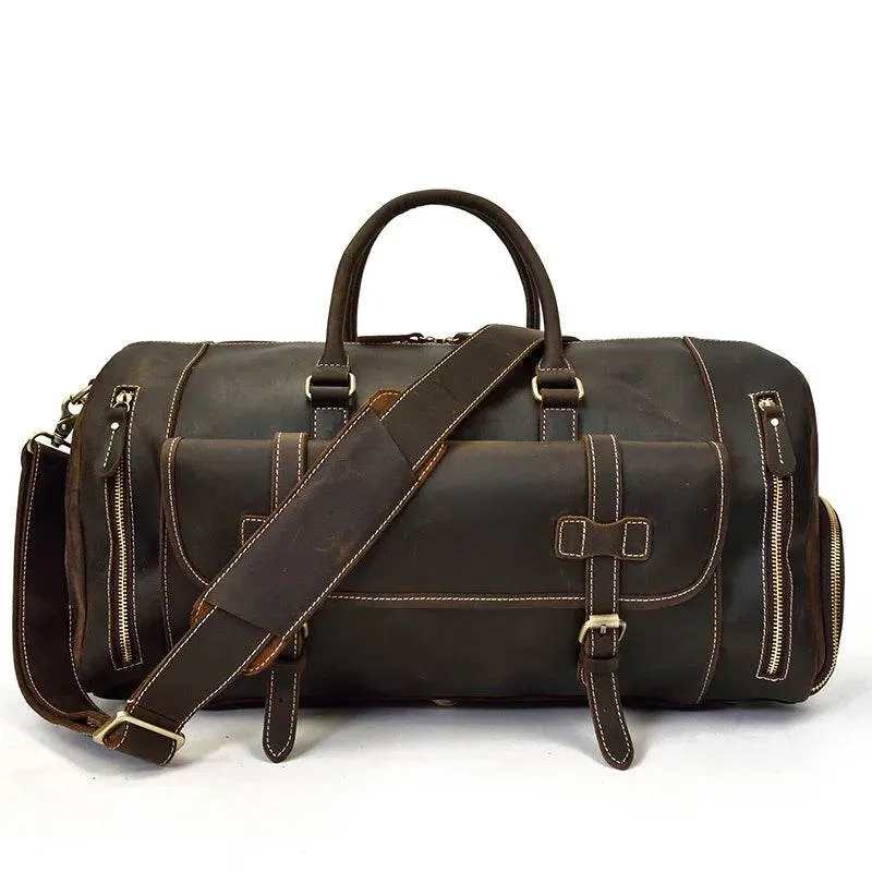 Mens Leather Shoulder Duffel Bag, Shoe Compartment, Removable Strap