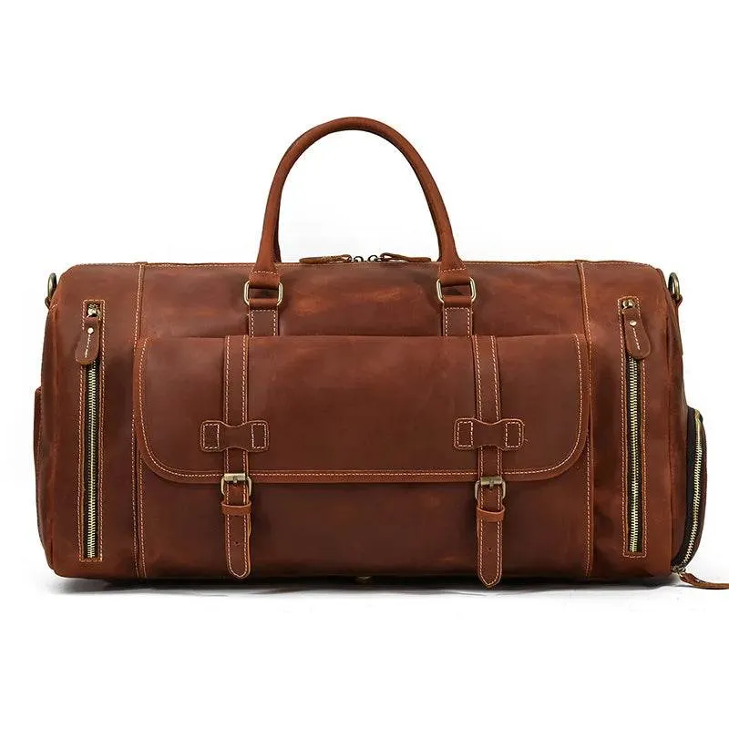 Mens Leather Shoulder Duffel Bag, Shoe Compartment, Removable Strap