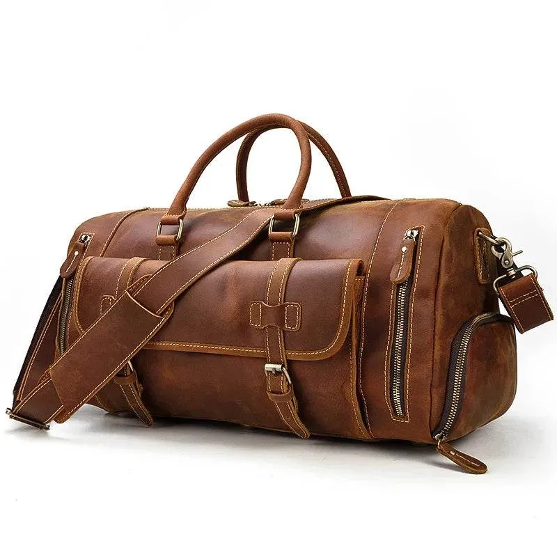 Mens Leather Shoulder Duffel Bag, Shoe Compartment, Removable Strap