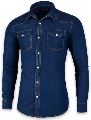 Men's Long Sleeve Double Pocket Snap Denim Shirt