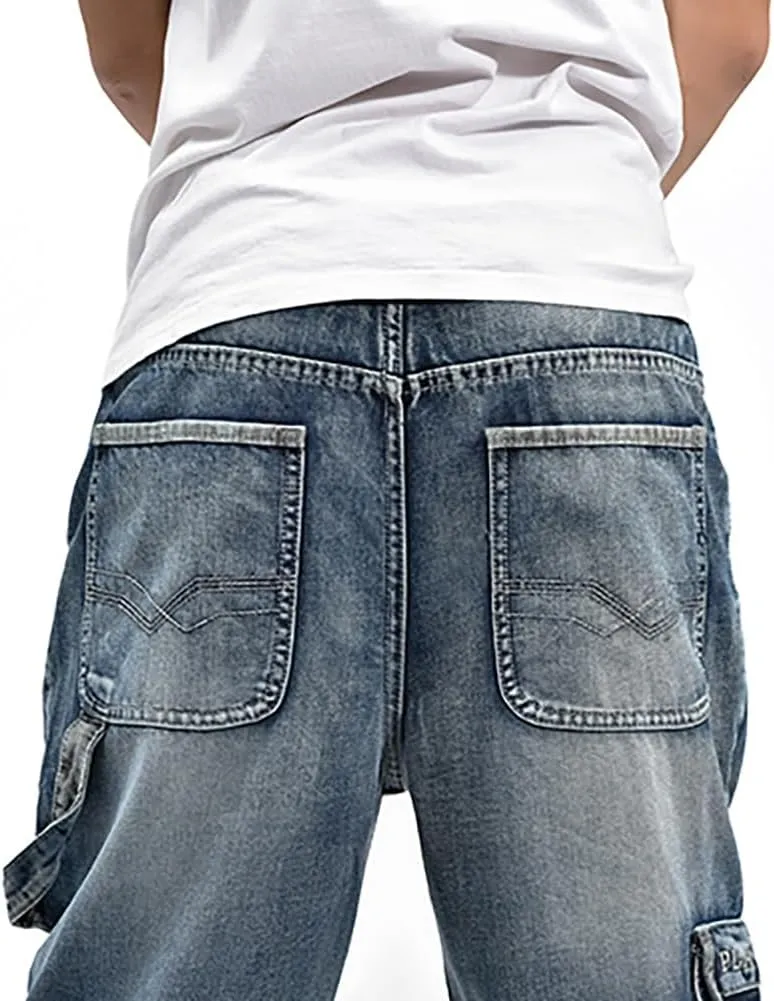 Mens Loose Fit Hip Hop Jeans Casual Cargo Denim Pants with Multi Pockets