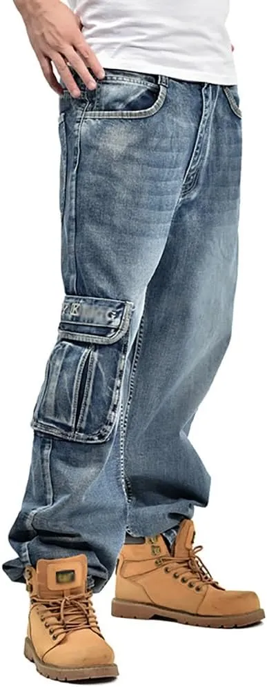 Mens Loose Fit Hip Hop Jeans Casual Cargo Denim Pants with Multi Pockets