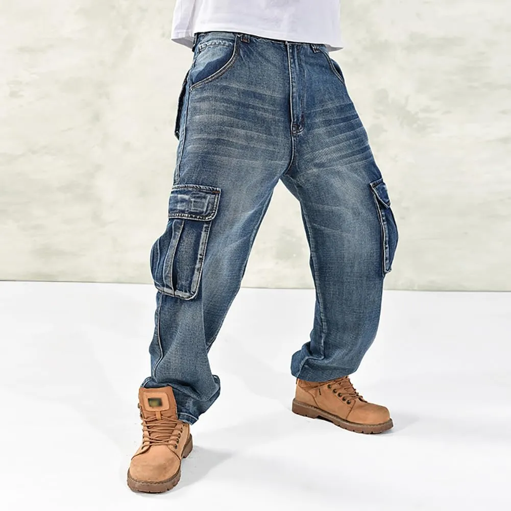 Mens Loose Fit Hip Hop Jeans Casual Cargo Denim Pants with Multi Pockets
