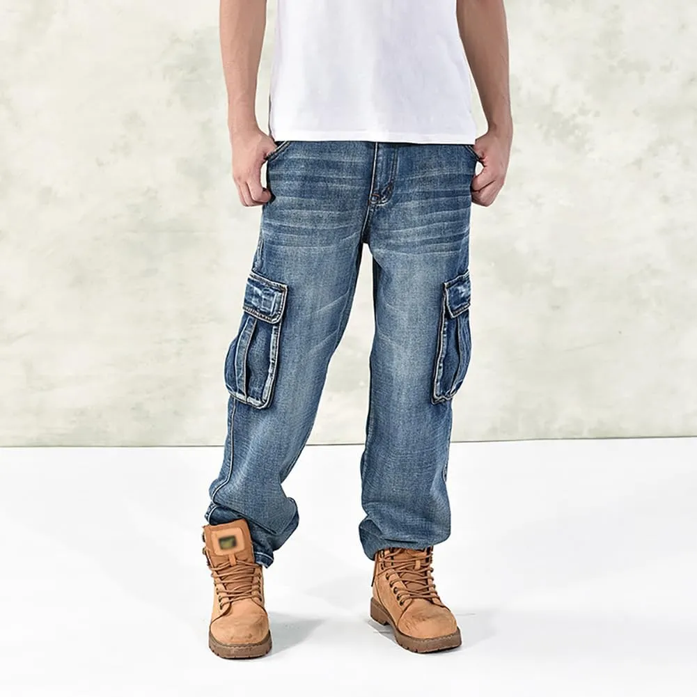 Mens Loose Fit Hip Hop Jeans Casual Cargo Denim Pants with Multi Pockets
