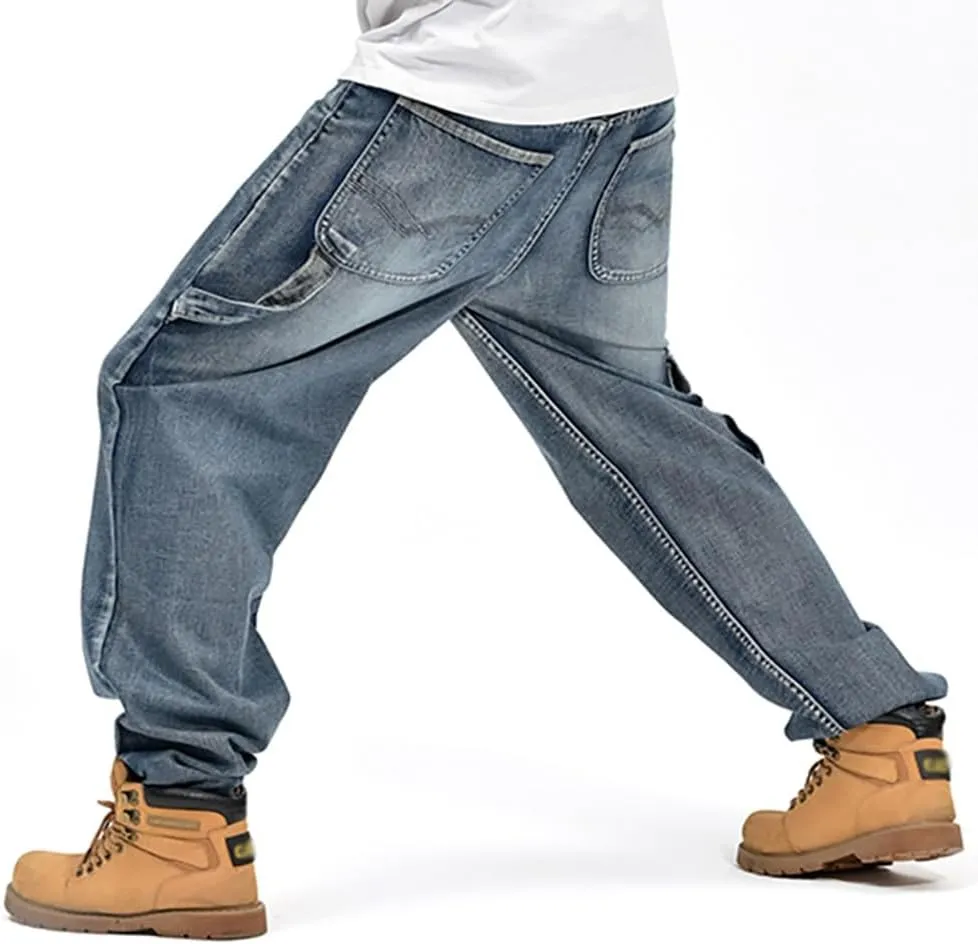 Mens Loose Fit Hip Hop Jeans Casual Cargo Denim Pants with Multi Pockets