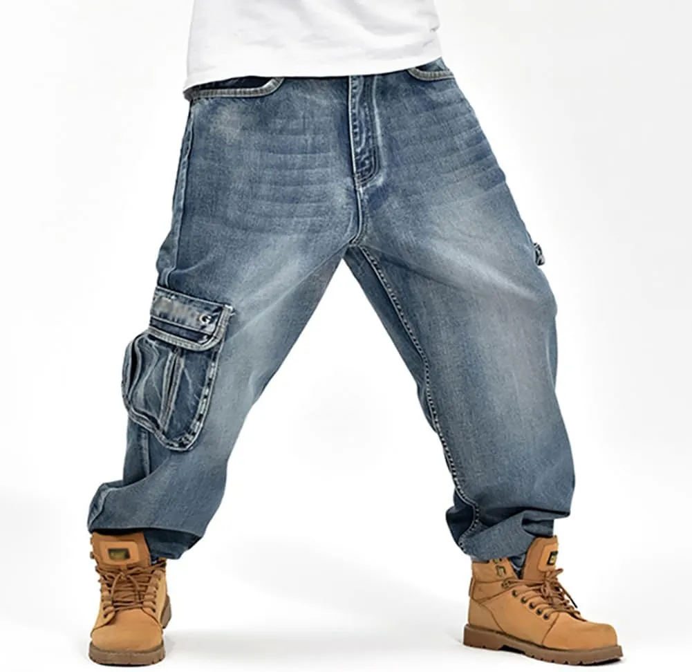 Mens Loose Fit Hip Hop Jeans Casual Cargo Denim Pants with Multi Pockets