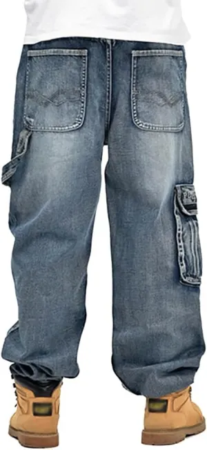 Mens Loose Fit Hip Hop Jeans Casual Cargo Denim Pants with Multi Pockets