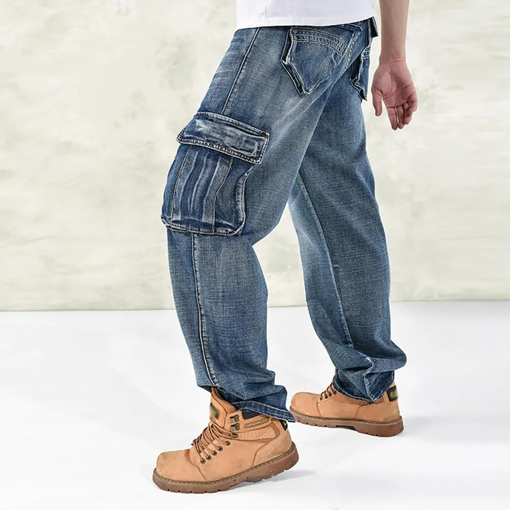 Mens Loose Fit Hip Hop Jeans Casual Cargo Denim Pants with Multi Pockets