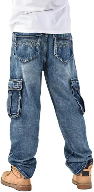 Mens Loose Fit Hip Hop Jeans Casual Cargo Denim Pants with Multi Pockets