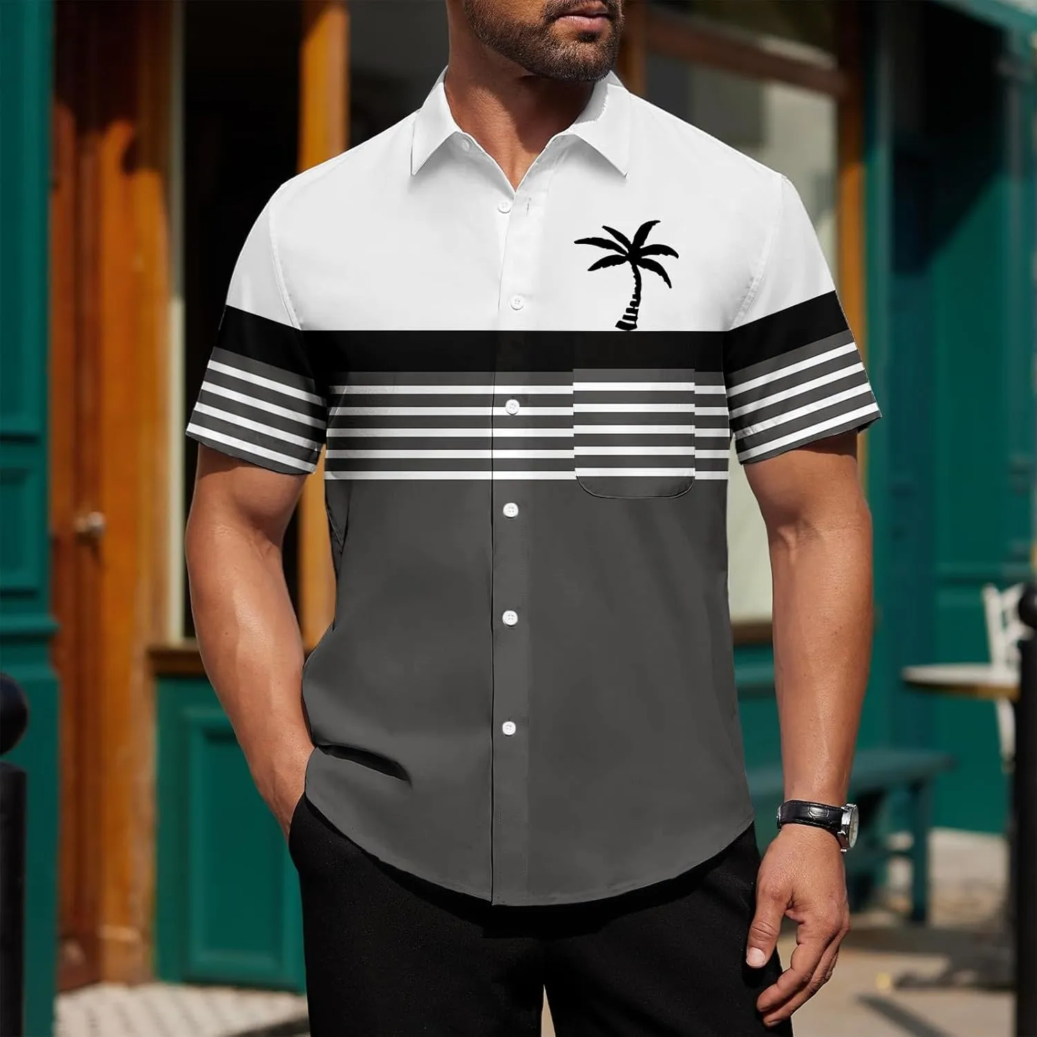 Mens Shirts Tropical Printed Short Sleeve Shirt Summer Coconut Tree T-Shirts Button Down Stand Collar Workout Tops