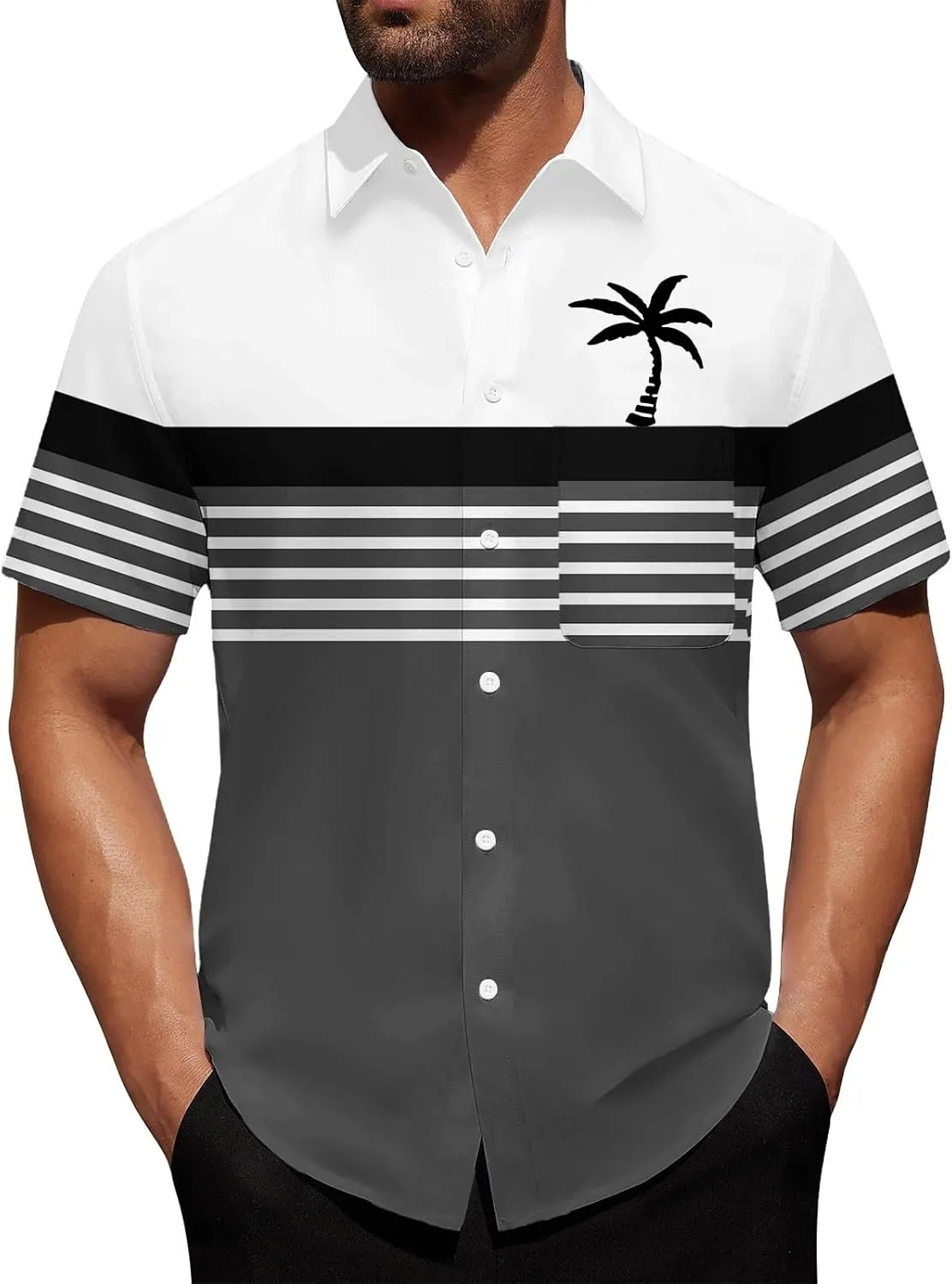 Mens Shirts Tropical Printed Short Sleeve Shirt Summer Coconut Tree T-Shirts Button Down Stand Collar Workout Tops