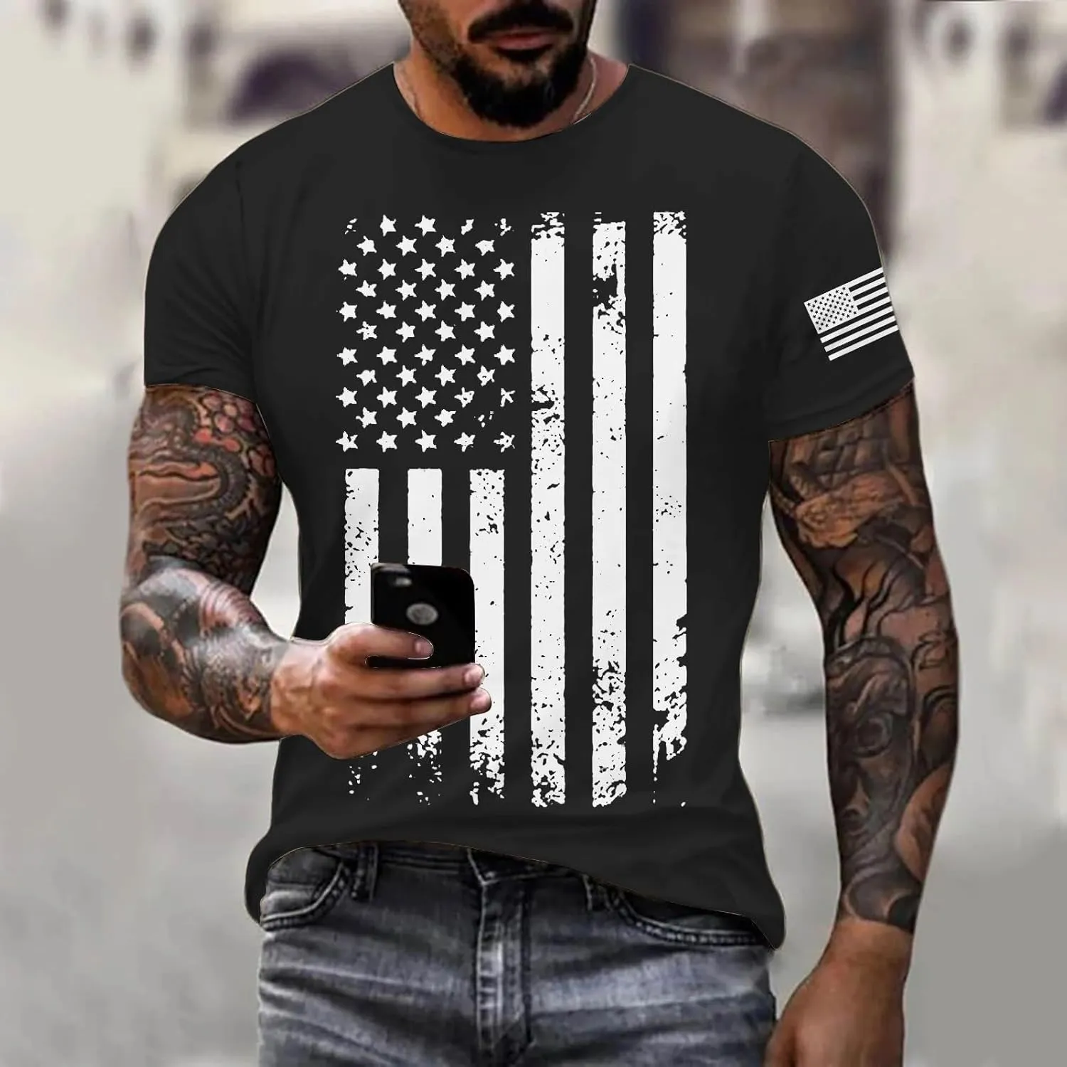 Mens T-Shirts Short Sleeve USA Flag Print 4th of July Patriotic T-Shirts Regular Fit Quick Dry Plus Size Tees