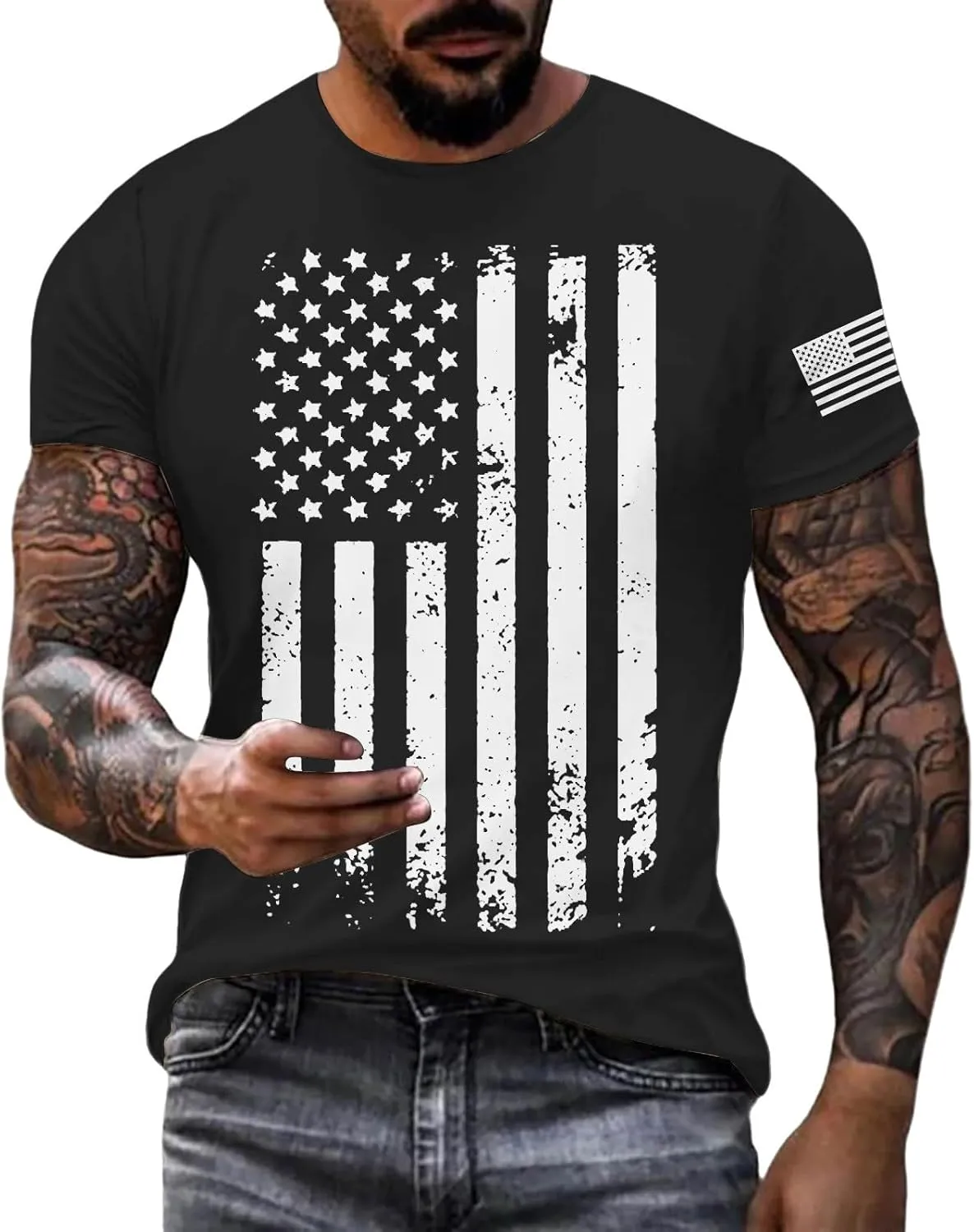 Mens T-Shirts Short Sleeve USA Flag Print 4th of July Patriotic T-Shirts Regular Fit Quick Dry Plus Size Tees