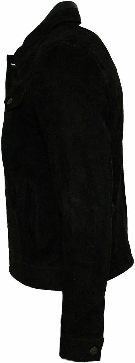 Men's Trucker Casual Goat Suede Leather Shirt Jeans Jacket