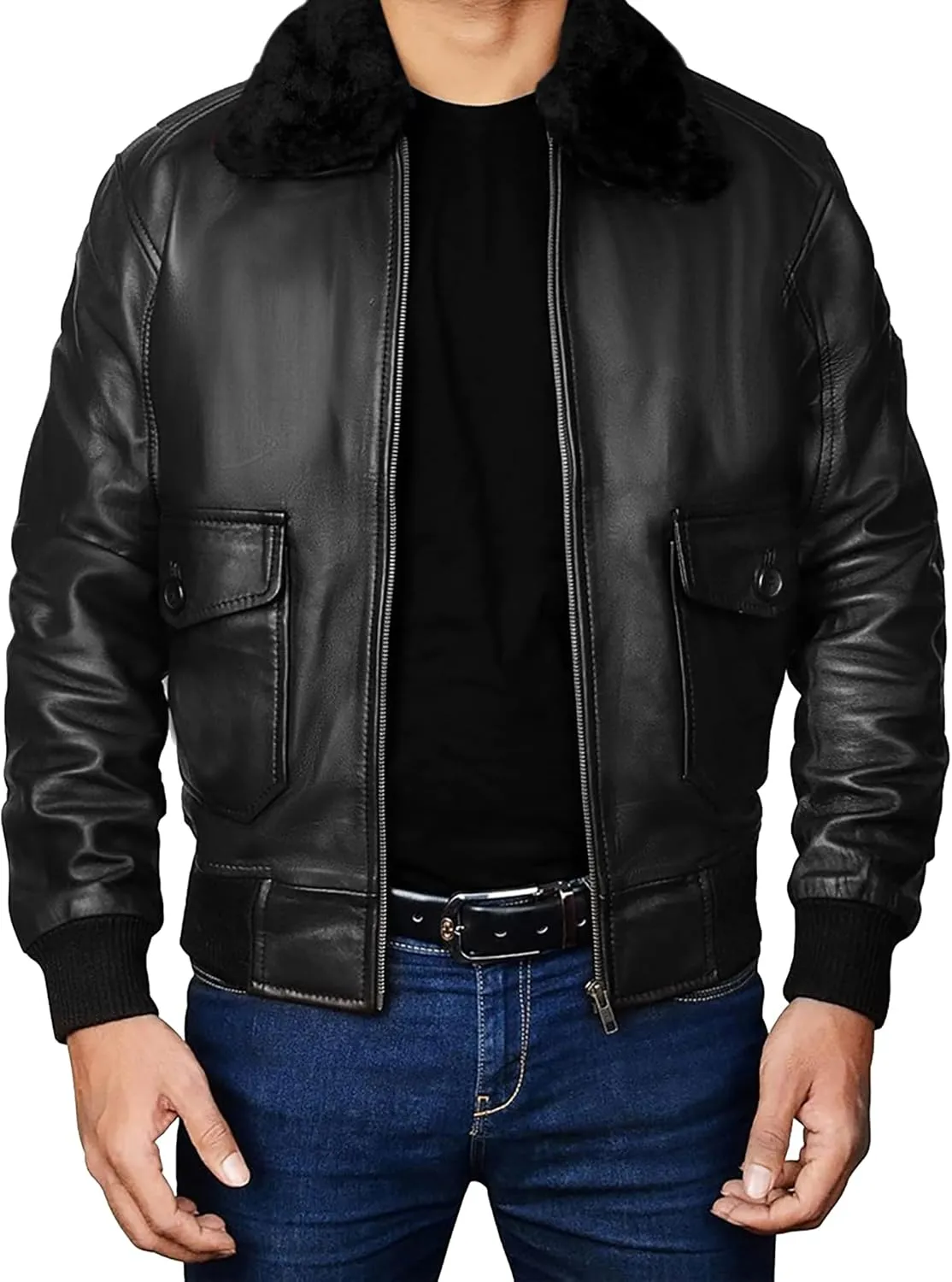 Mens USAAF Aviator Pilot Flying Cockpit G1 Fur Collar Brown Bomber Leather Jacket