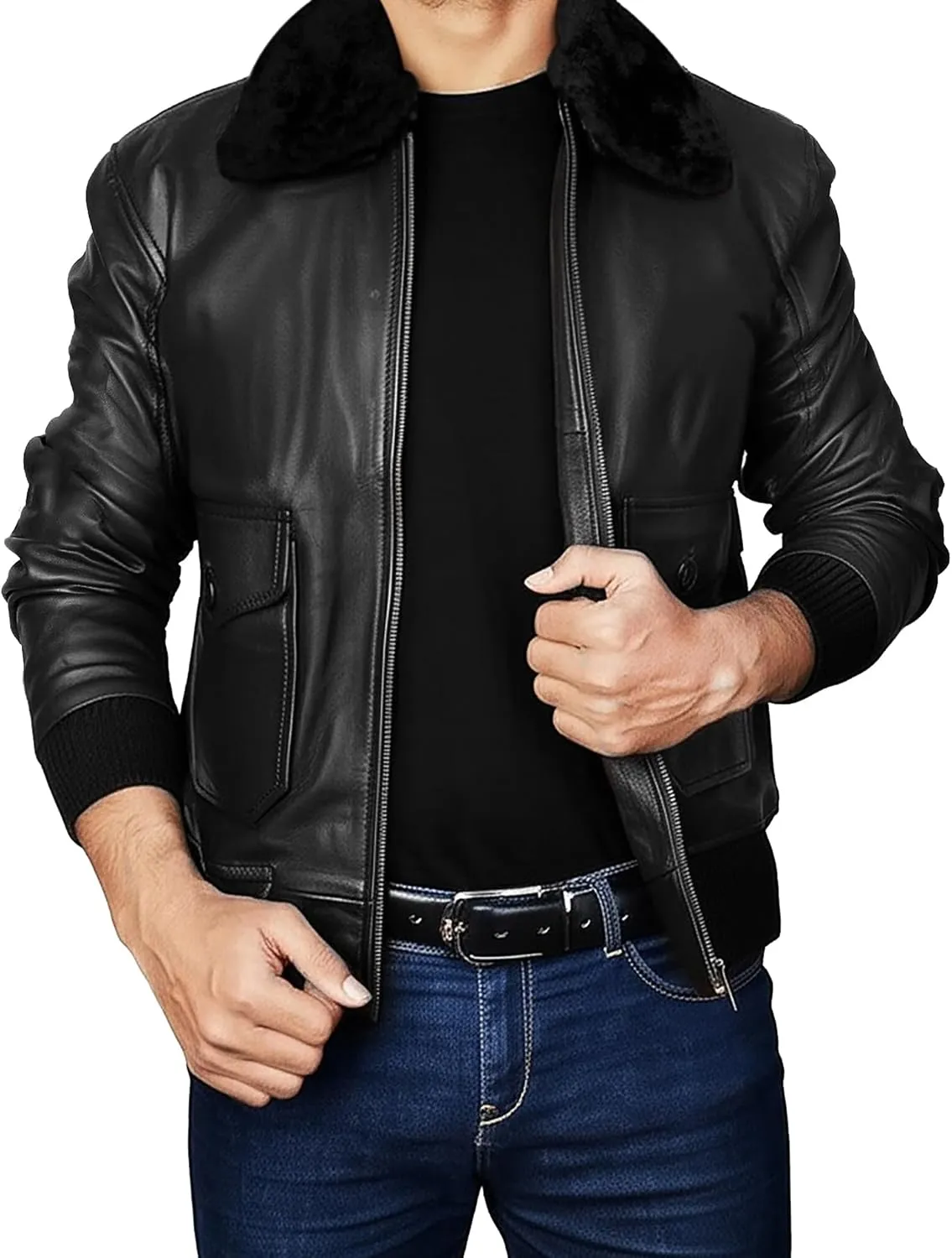 Mens USAAF Aviator Pilot Flying Cockpit G1 Fur Collar Brown Bomber Leather Jacket