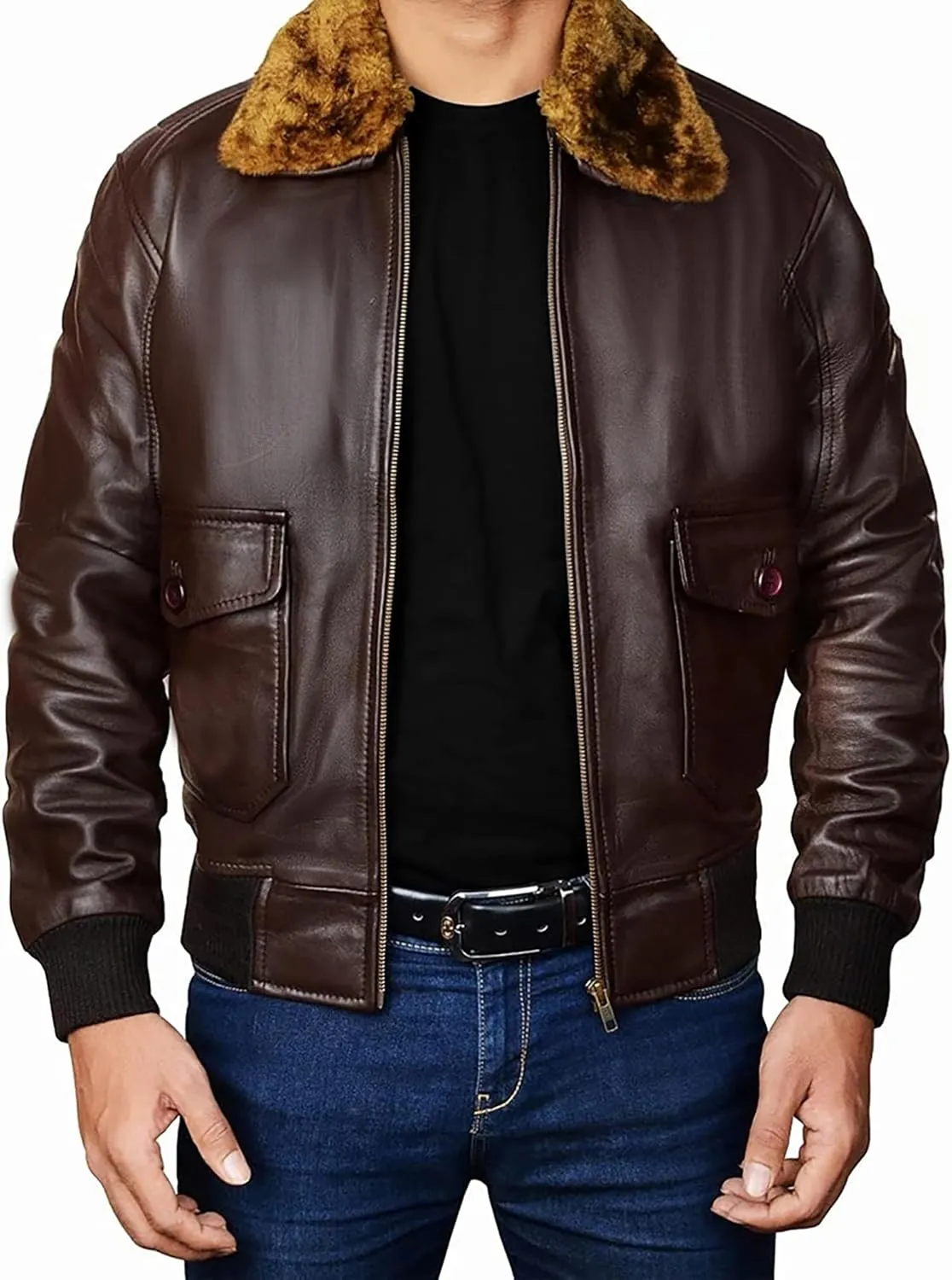 Mens USAAF Aviator Pilot Flying Cockpit G1 Fur Collar Brown Bomber Leather Jacket
