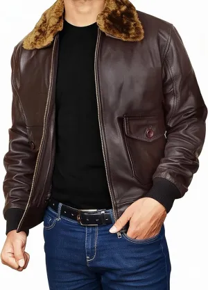 Mens USAAF Aviator Pilot Flying Cockpit G1 Fur Collar Brown Bomber Leather Jacket