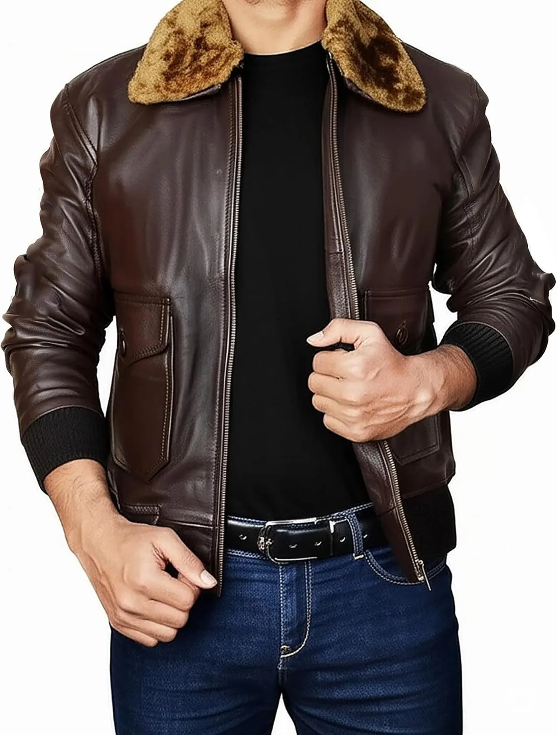 Mens USAAF Aviator Pilot Flying Cockpit G1 Fur Collar Brown Bomber Leather Jacket