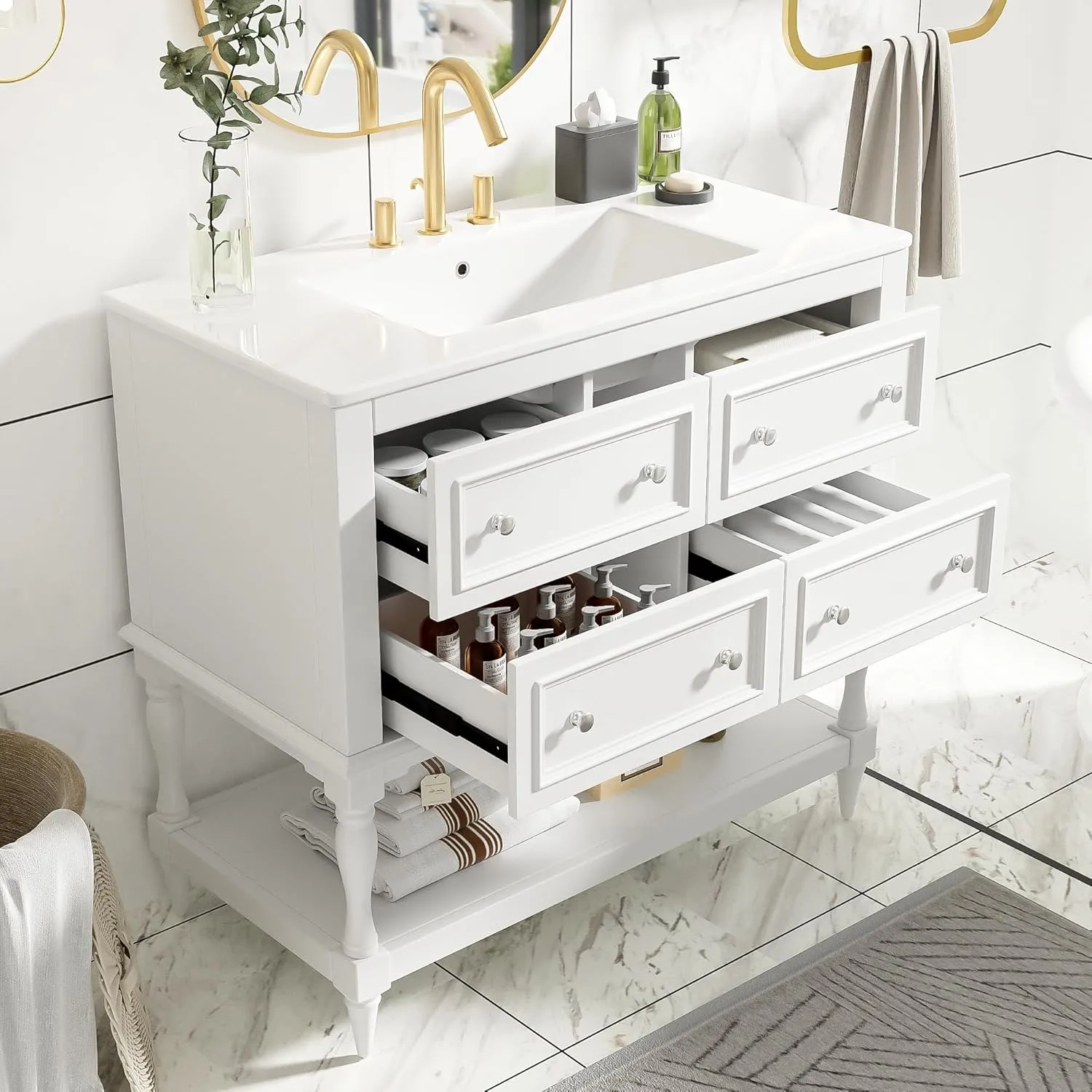 Merax Country 36" Bathroom Vanity with Sink, Farmhouse Bathroom Vanity Storage Cabinet with 4 Drawers and Open Shelf, Solid Wood Frame Bath Storage Vanity