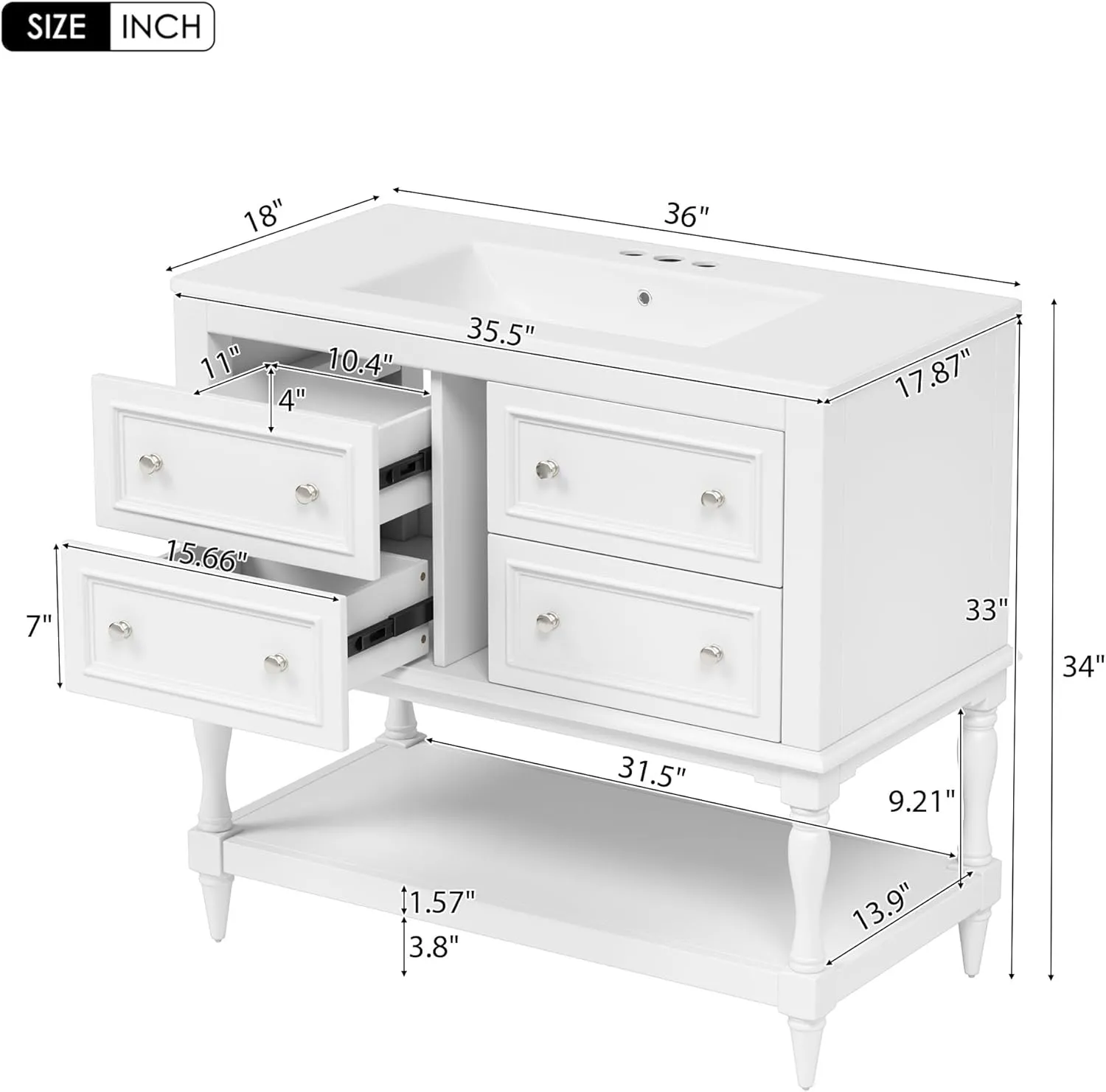 Merax Country 36" Bathroom Vanity with Sink, Farmhouse Bathroom Vanity Storage Cabinet with 4 Drawers and Open Shelf, Solid Wood Frame Bath Storage Vanity