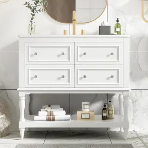 Merax Country 36" Bathroom Vanity with Sink, Farmhouse Bathroom Vanity Storage Cabinet with 4 Drawers and Open Shelf, Solid Wood Frame Bath Storage Vanity