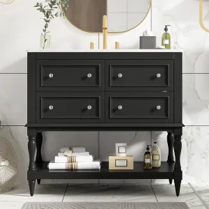 Merax Country 36" Bathroom Vanity with Sink, Farmhouse Bathroom Vanity Storage Cabinet with 4 Drawers and Open Shelf, Solid Wood Frame Bath Storage Vanity