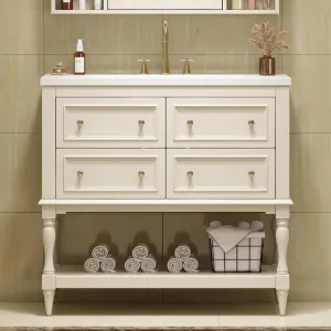 Merax Country 36" Bathroom Vanity with Sink, Farmhouse Bathroom Vanity Storage Cabinet with 4 Drawers and Open Shelf, Solid Wood Frame Bath Storage Vanity
