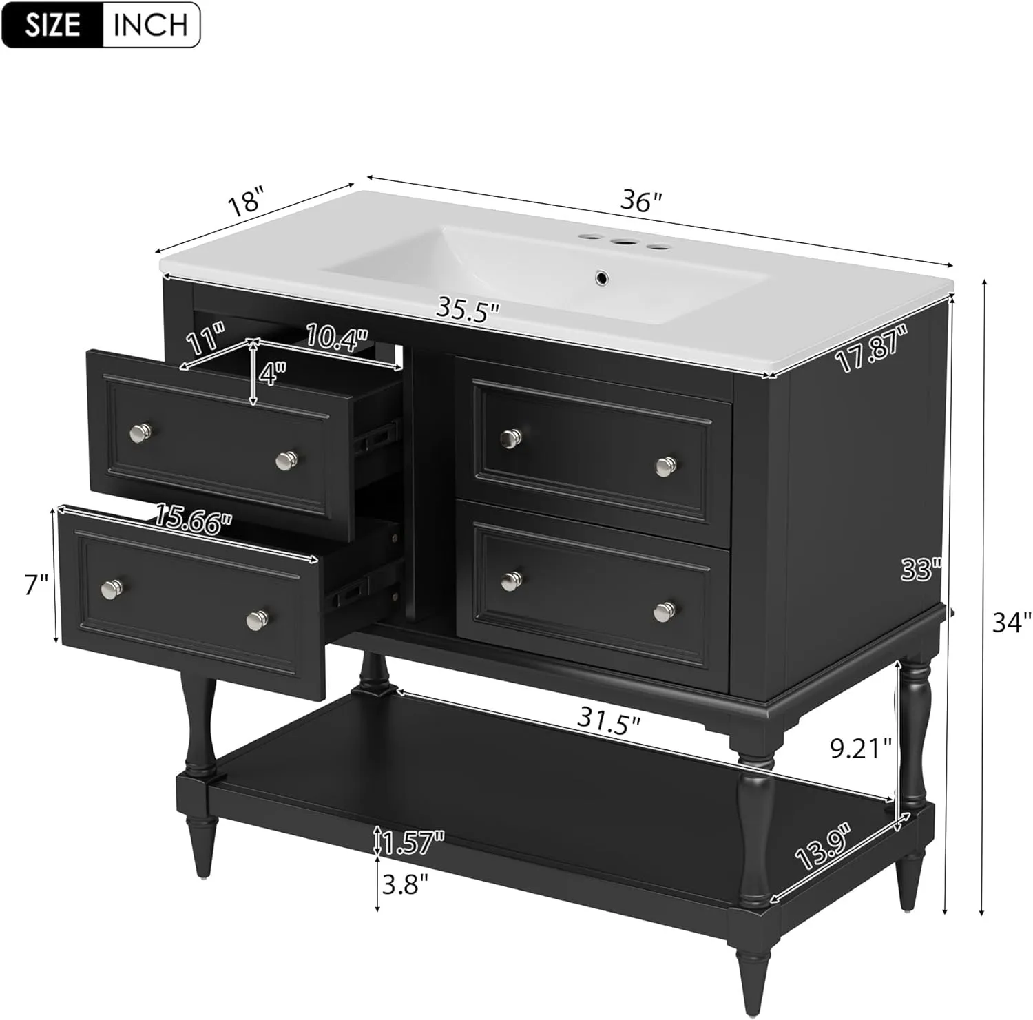 Merax Country 36" Bathroom Vanity with Sink, Farmhouse Bathroom Vanity Storage Cabinet with 4 Drawers and Open Shelf, Solid Wood Frame Bath Storage Vanity