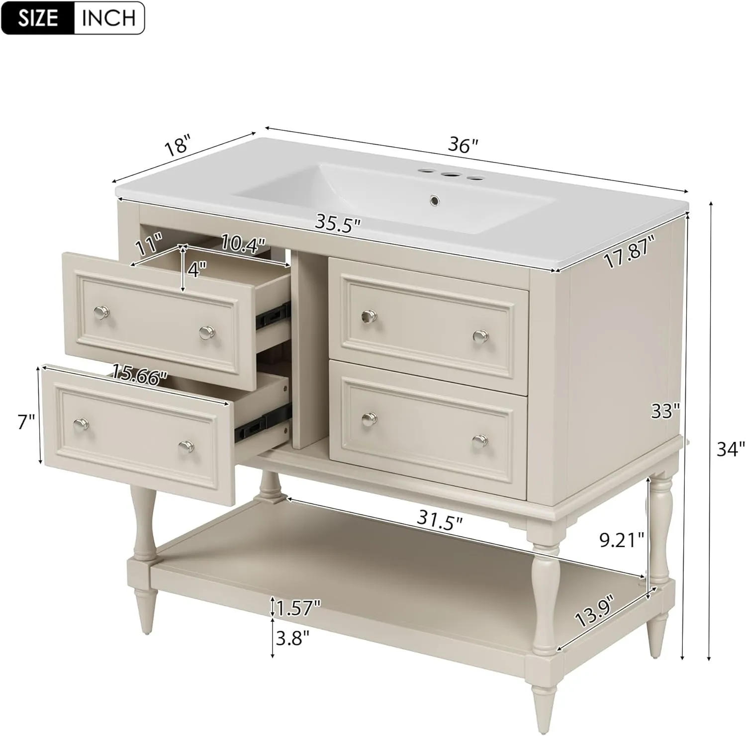 Merax Country 36" Bathroom Vanity with Sink, Farmhouse Bathroom Vanity Storage Cabinet with 4 Drawers and Open Shelf, Solid Wood Frame Bath Storage Vanity