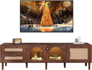 Merax Rattan TV Stand with LED Lights, 70" Entertainment Center with 3 Cabinets & 2 Drawers Media Console Table for TVs Up to 80", Solid Wood Feet, Living Room, Bedroom Furniture