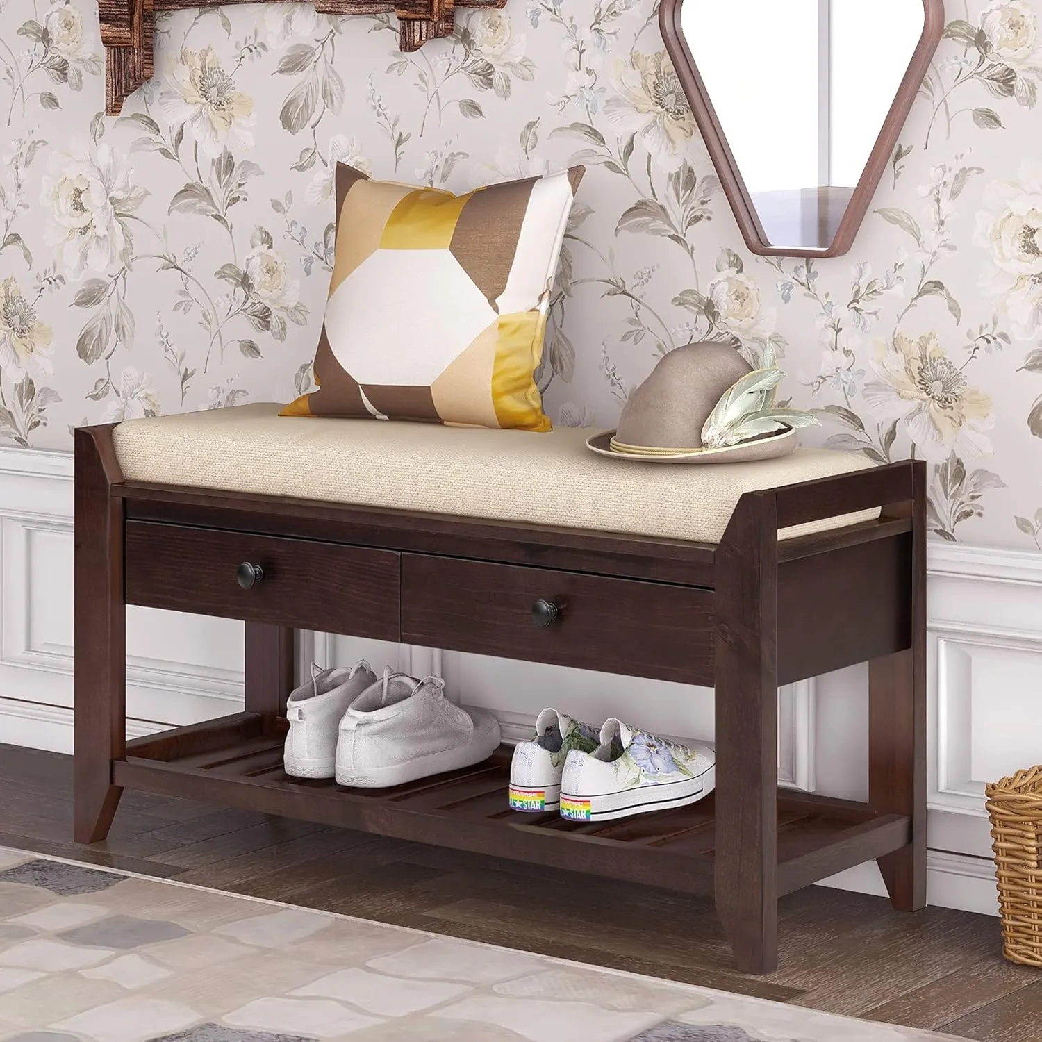 Merax Shoe Rack with Cushioned Seat, Shoe Bench Shoe Organizer with 2 Storage Drawers, Entryway Storage Bench for Entryway or Hallway, Espresso