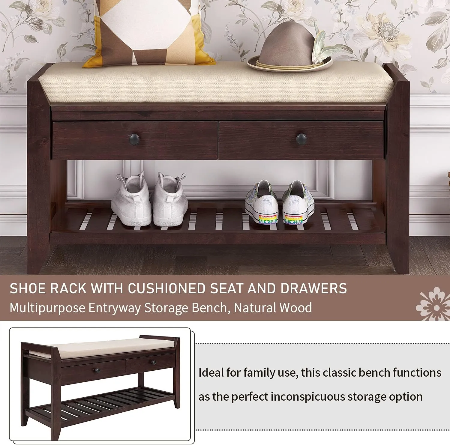 Merax Shoe Rack with Cushioned Seat, Shoe Bench Shoe Organizer with 2 Storage Drawers, Entryway Storage Bench for Entryway or Hallway, Espresso