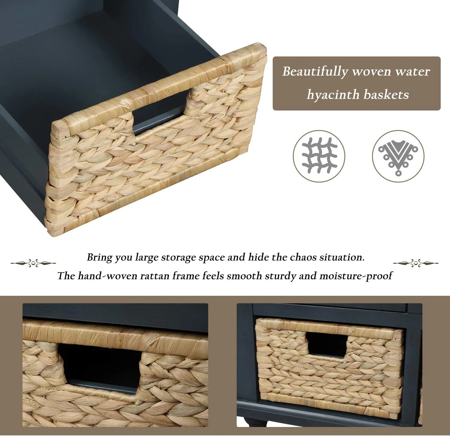 Merax Wood Storage Bench Homes Collection with 3 Removable Rattan Baskets and 3 Drawers,Entryway Storage Bench Shoe Bench with Removable Cushion for Living Room Bedroom