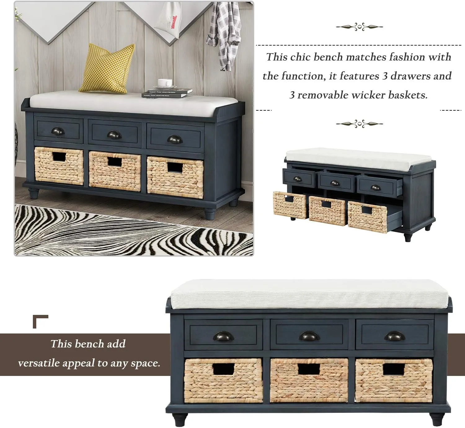 Merax Wood Storage Bench Homes Collection with 3 Removable Rattan Baskets and 3 Drawers,Entryway Storage Bench Shoe Bench with Removable Cushion for Living Room Bedroom
