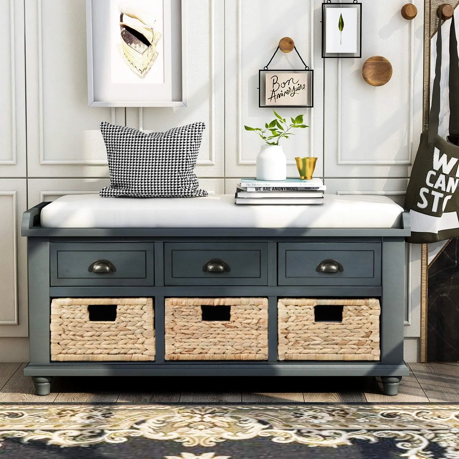 Merax Wood Storage Bench Homes Collection with 3 Removable Rattan Baskets and 3 Drawers,Entryway Storage Bench Shoe Bench with Removable Cushion for Living Room Bedroom