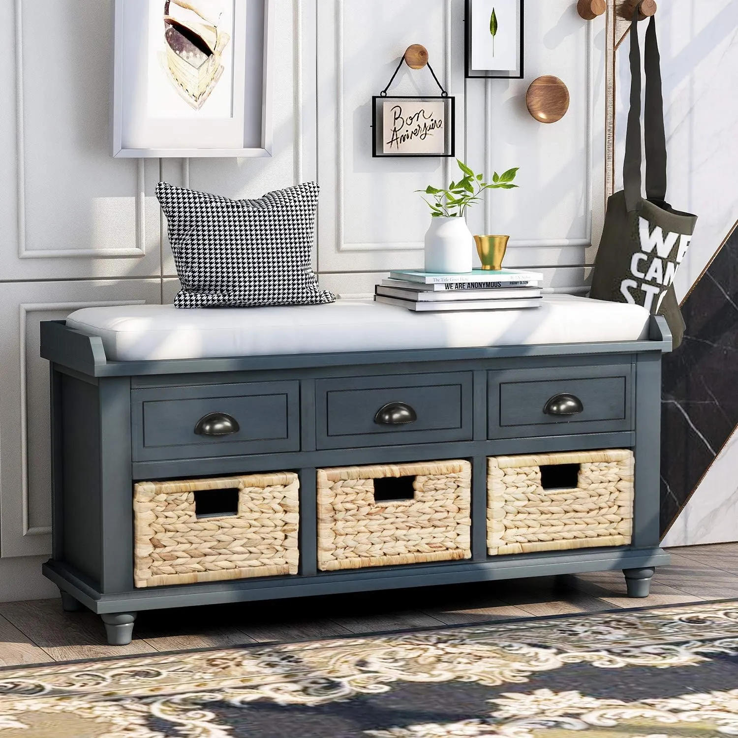 Merax Wood Storage Bench Homes Collection with 3 Removable Rattan Baskets and 3 Drawers,Entryway Storage Bench Shoe Bench with Removable Cushion for Living Room Bedroom