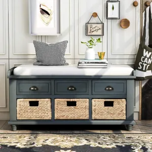 Merax Wood Storage Bench Homes Collection with 3 Removable Rattan Baskets and 3 Drawers,Entryway Storage Bench Shoe Bench with Removable Cushion for Living Room Bedroom