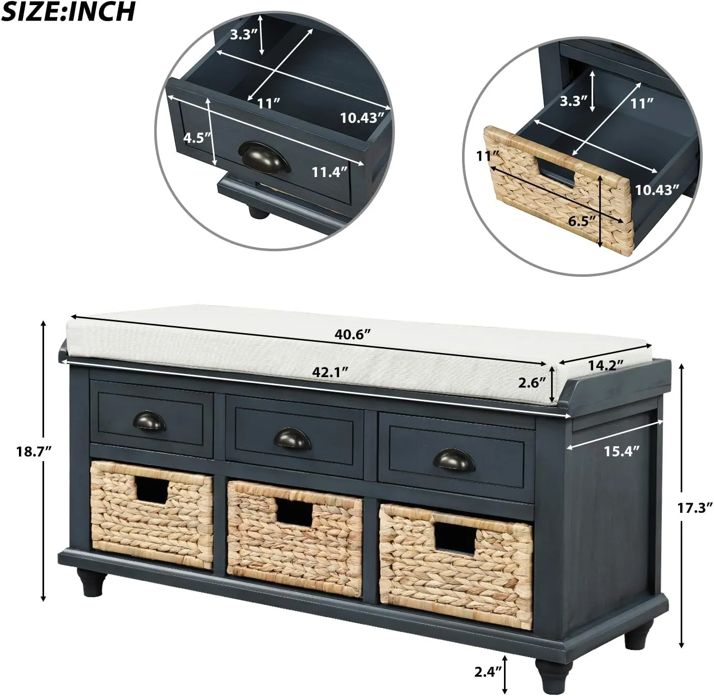 Merax Wood Storage Bench Homes Collection with 3 Removable Rattan Baskets and 3 Drawers,Entryway Storage Bench Shoe Bench with Removable Cushion for Living Room Bedroom