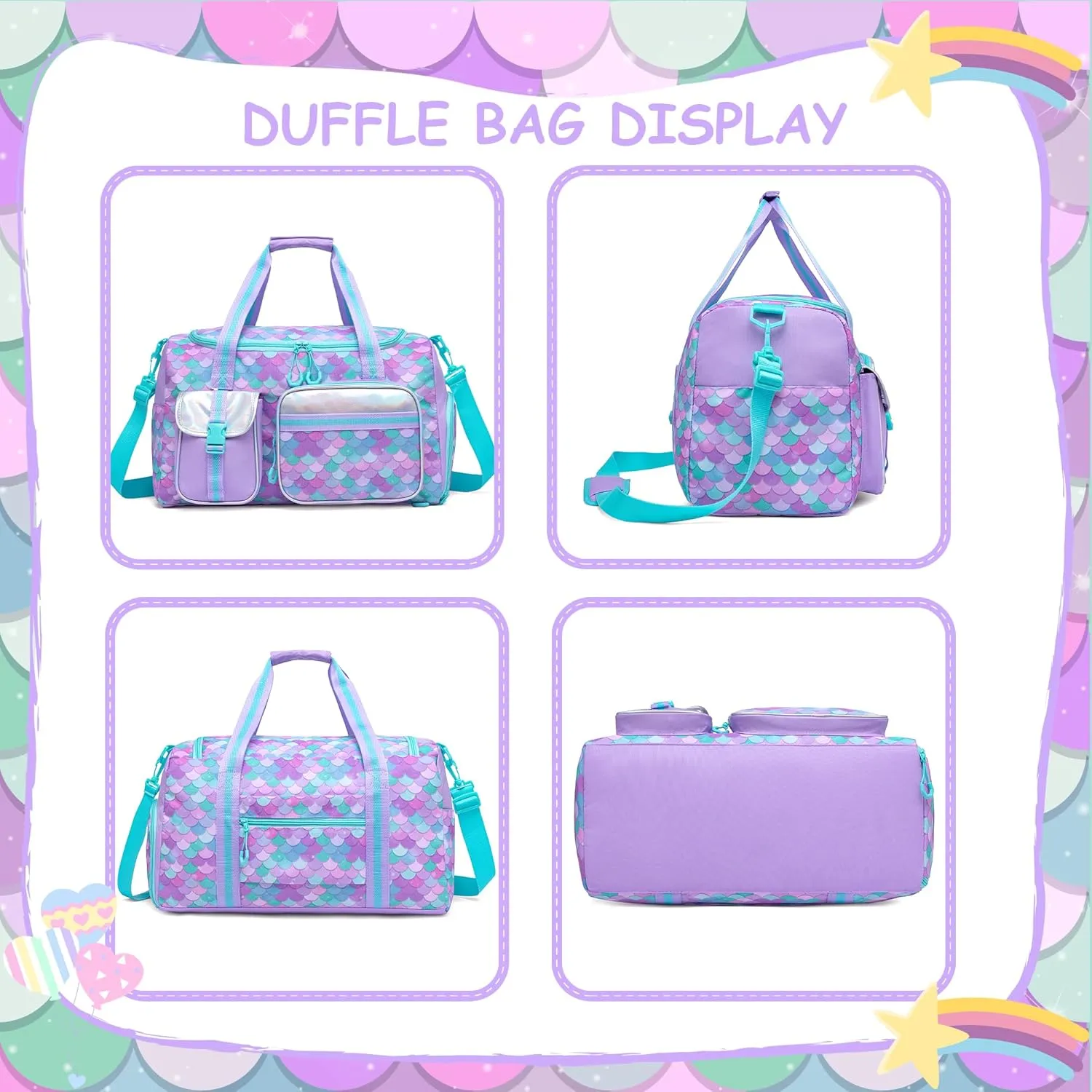 Mermaid Kids Duffle Bag Girls Gym Bag for Girls Kids Travel Bag Dance Bag for Girls Overnight Bag for Girls Weekender Bag with Shoe Compartment
