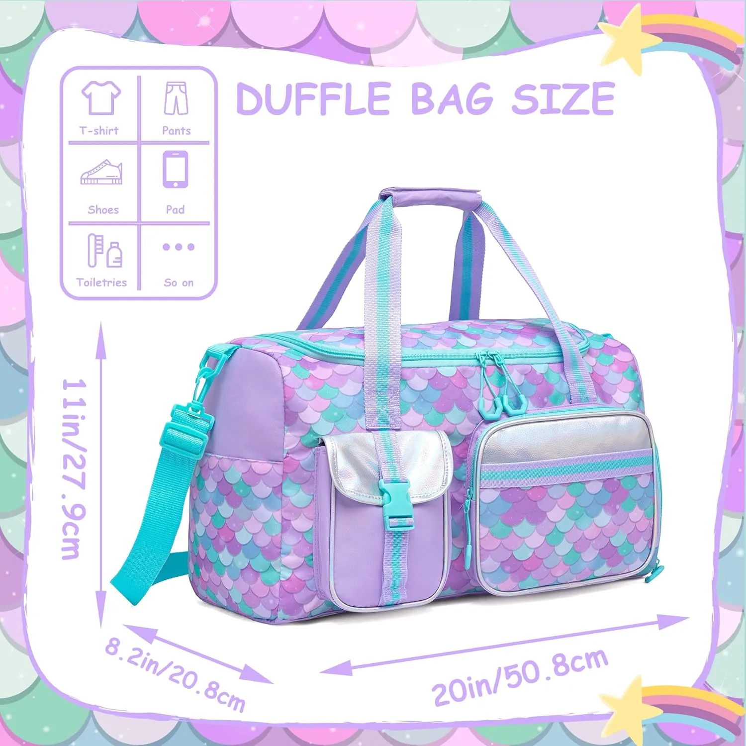 Mermaid Kids Duffle Bag Girls Gym Bag for Girls Kids Travel Bag Dance Bag for Girls Overnight Bag for Girls Weekender Bag with Shoe Compartment