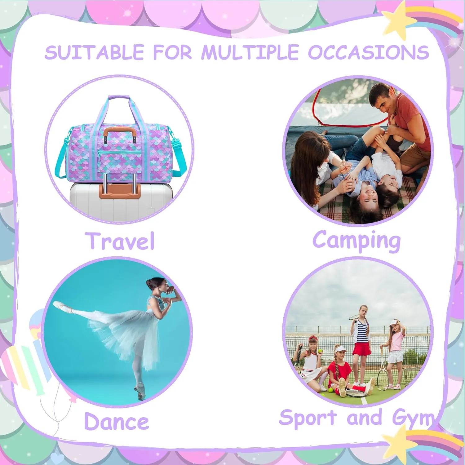 Mermaid Kids Duffle Bag Girls Gym Bag for Girls Kids Travel Bag Dance Bag for Girls Overnight Bag for Girls Weekender Bag with Shoe Compartment