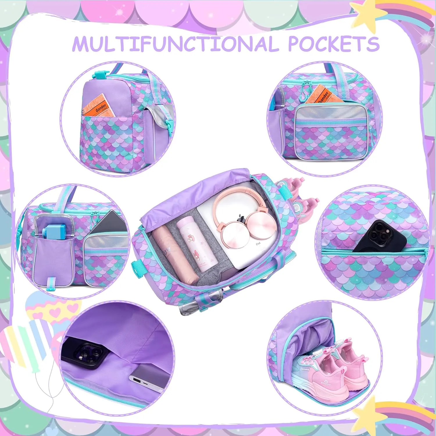 Mermaid Kids Duffle Bag Girls Gym Bag for Girls Kids Travel Bag Dance Bag for Girls Overnight Bag for Girls Weekender Bag with Shoe Compartment
