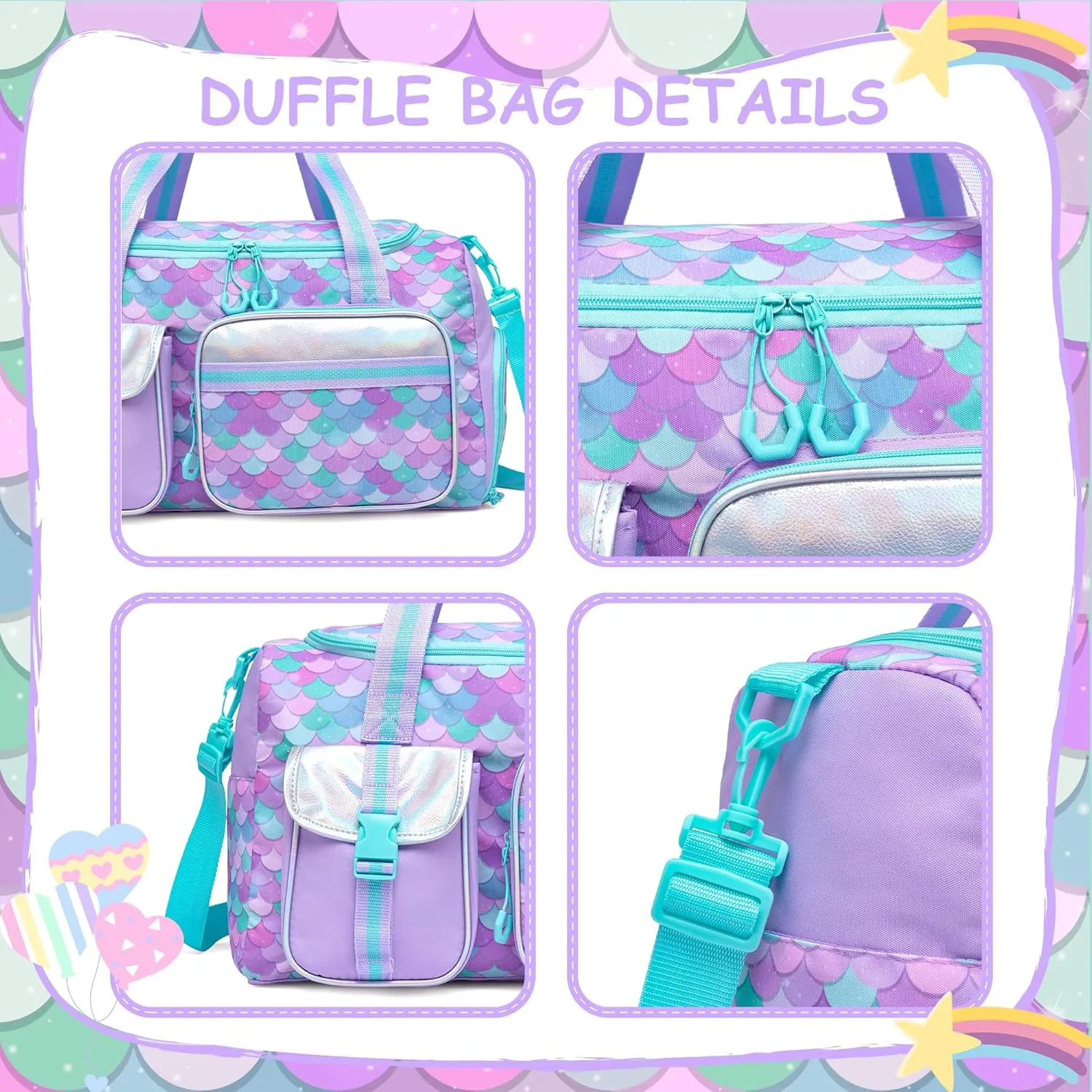 Mermaid Kids Duffle Bag Girls Gym Bag for Girls Kids Travel Bag Dance Bag for Girls Overnight Bag for Girls Weekender Bag with Shoe Compartment