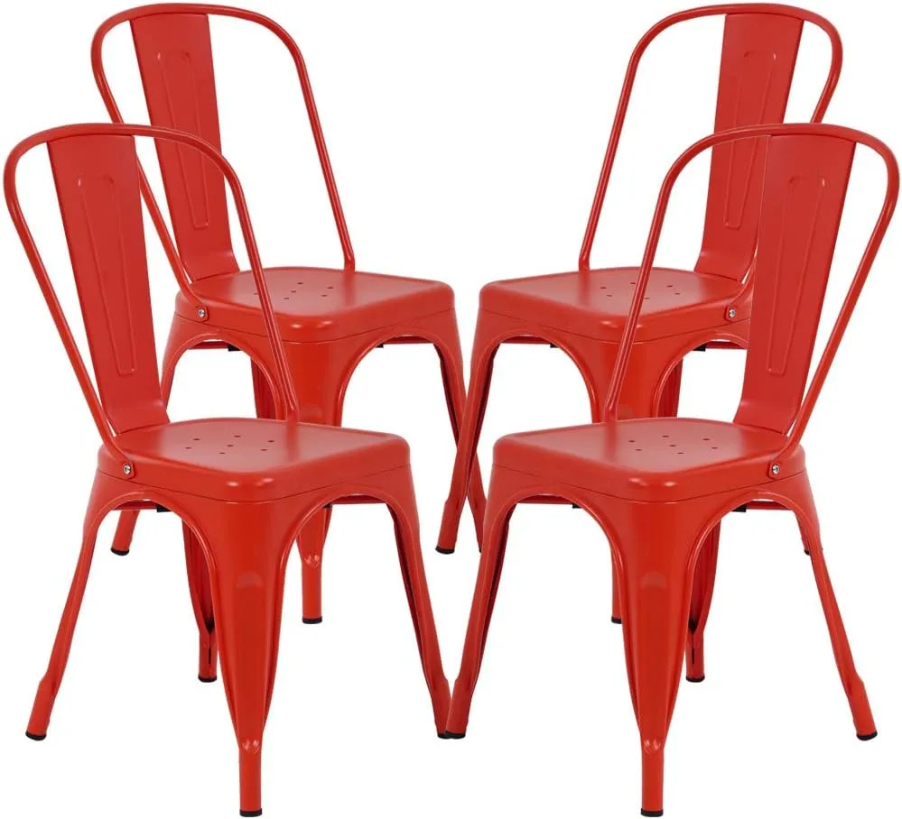 Metal Chairs Set of 4 for Dining Room Metal Bar Stools Red Metal Stool with Back Trattoria Chairs 18 Inch Seat Width Industrial Chair No Arms Tolix Stool 330LBS Weight Capacity,Red